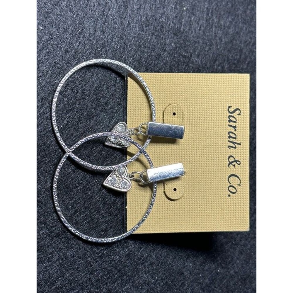 Sarah & Co Silver Tone Hoop Earrings with Rhinestone Heart Charm Dangle New